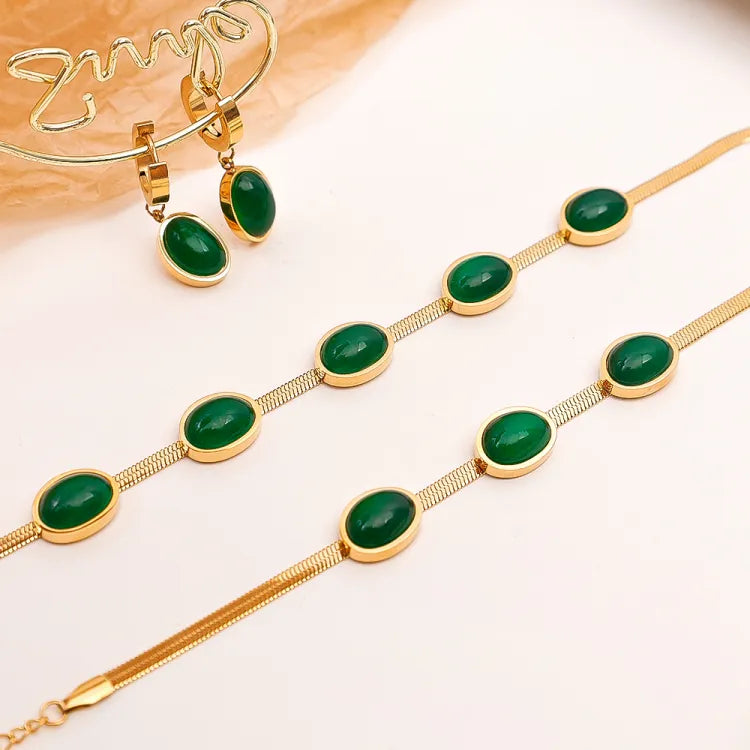 Oval Green Crystal Necklace Set With Bracelet