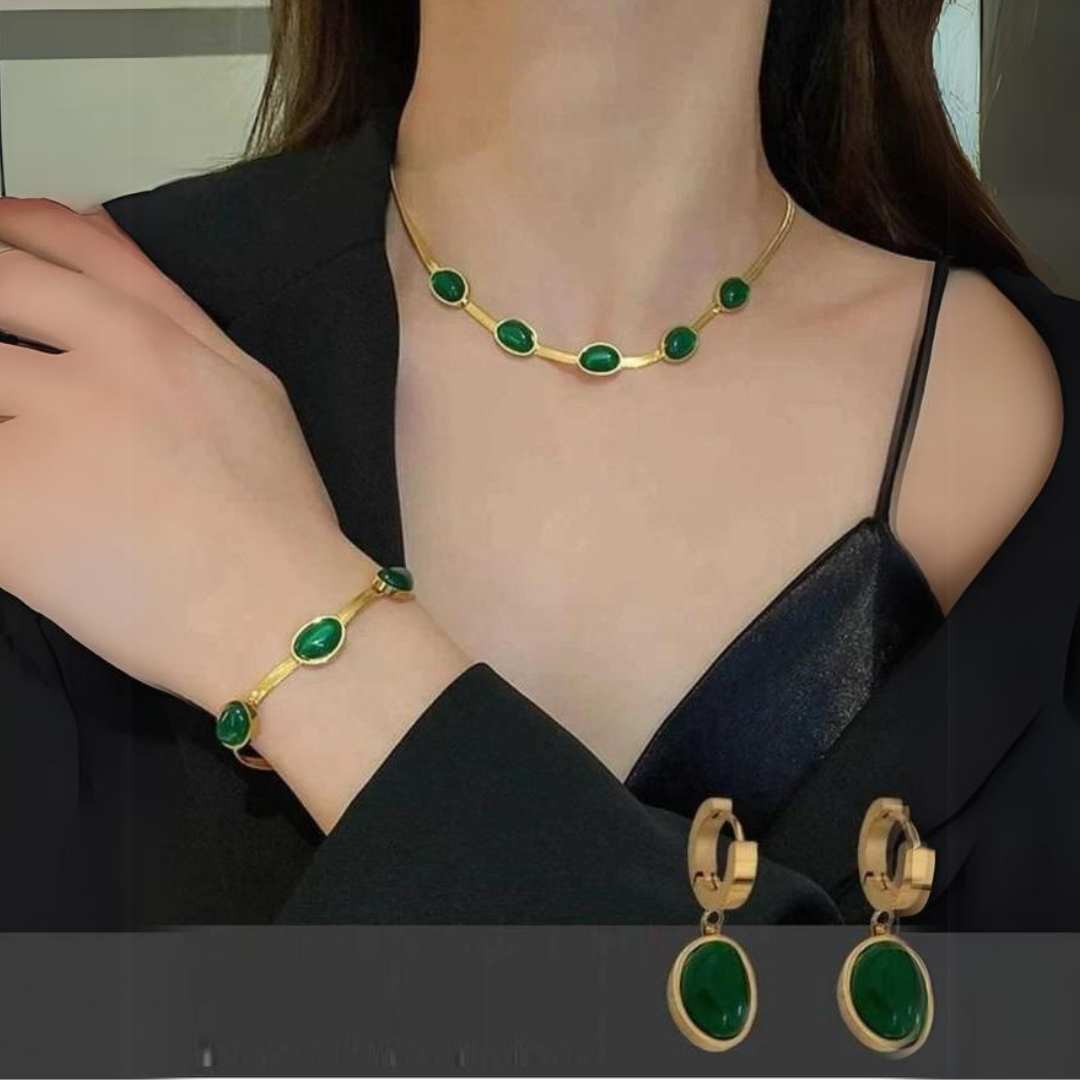 Oval Green Crystal Necklace Set With Bracelet