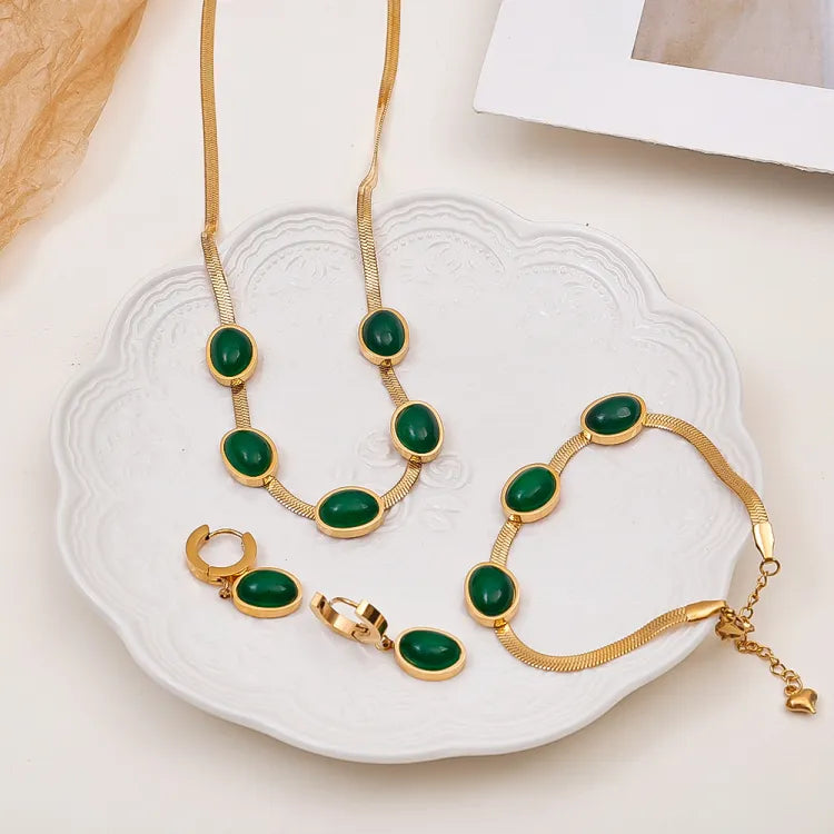 Oval Green Crystal Necklace Set With Bracelet