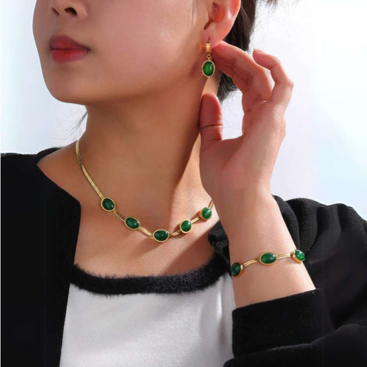 Oval Green Crystal Necklace Set With Bracelet